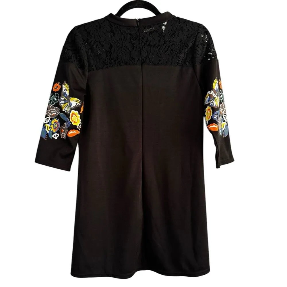 Black Knee Length Colorful Butterfly Floral Print 3/4 Sleeve Shift Dress Medium - Image 2