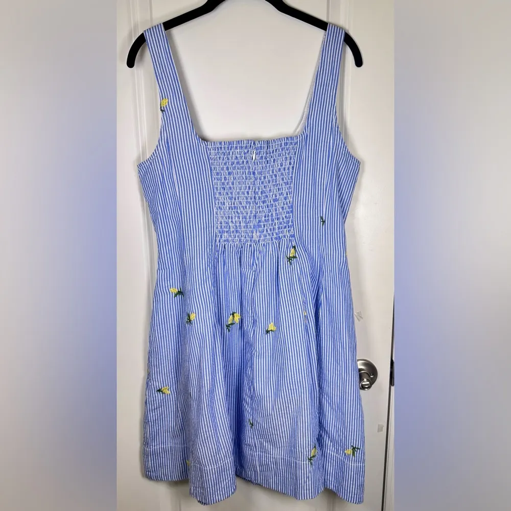 Free Assembly Lemon Embroidered Effortless Blue White Seersucker Fit & Flare BBQ - Image 4