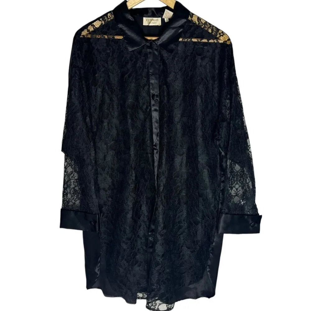 Vintage Gold Label‎ Victorias Secret Satin And Lace Robe Black Whimsigoth M/L - Image 2