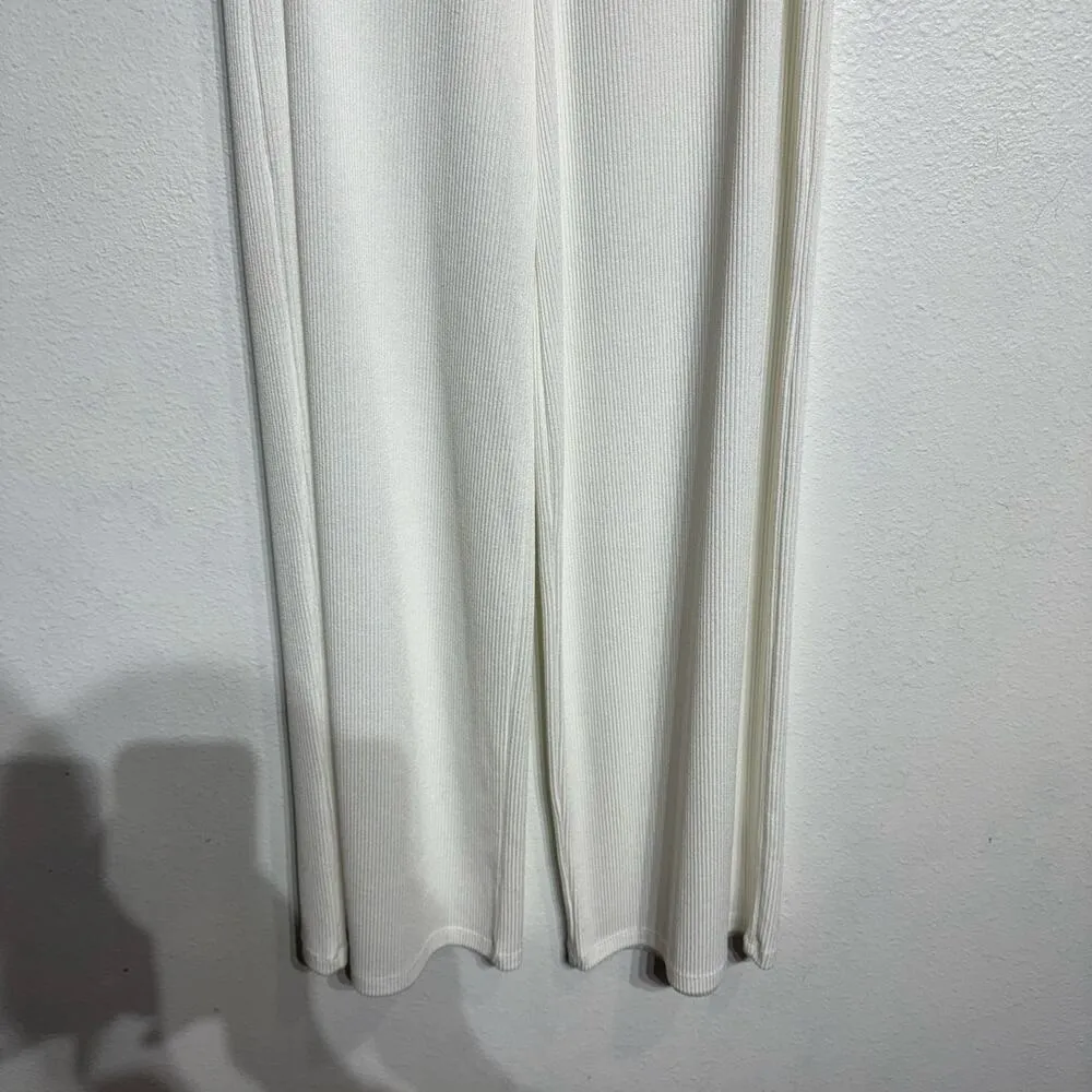 Zara White High Waist Wide Leg Ribbed Pants Sz L - Image 4