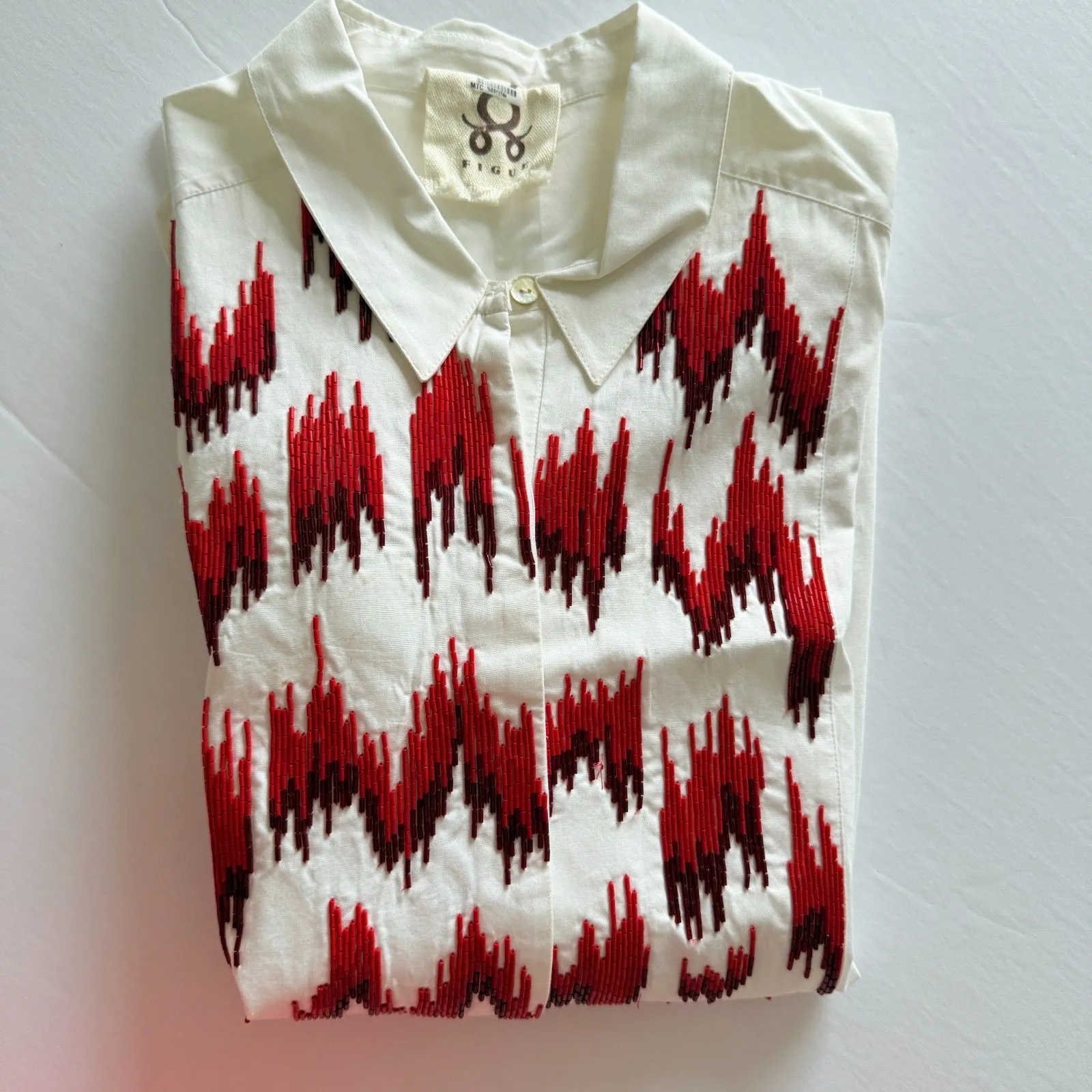 Figue White Beaded Cotton 3/4 Sleeve Button Down Collared Shirt No Sz (Flaws) - Image 11