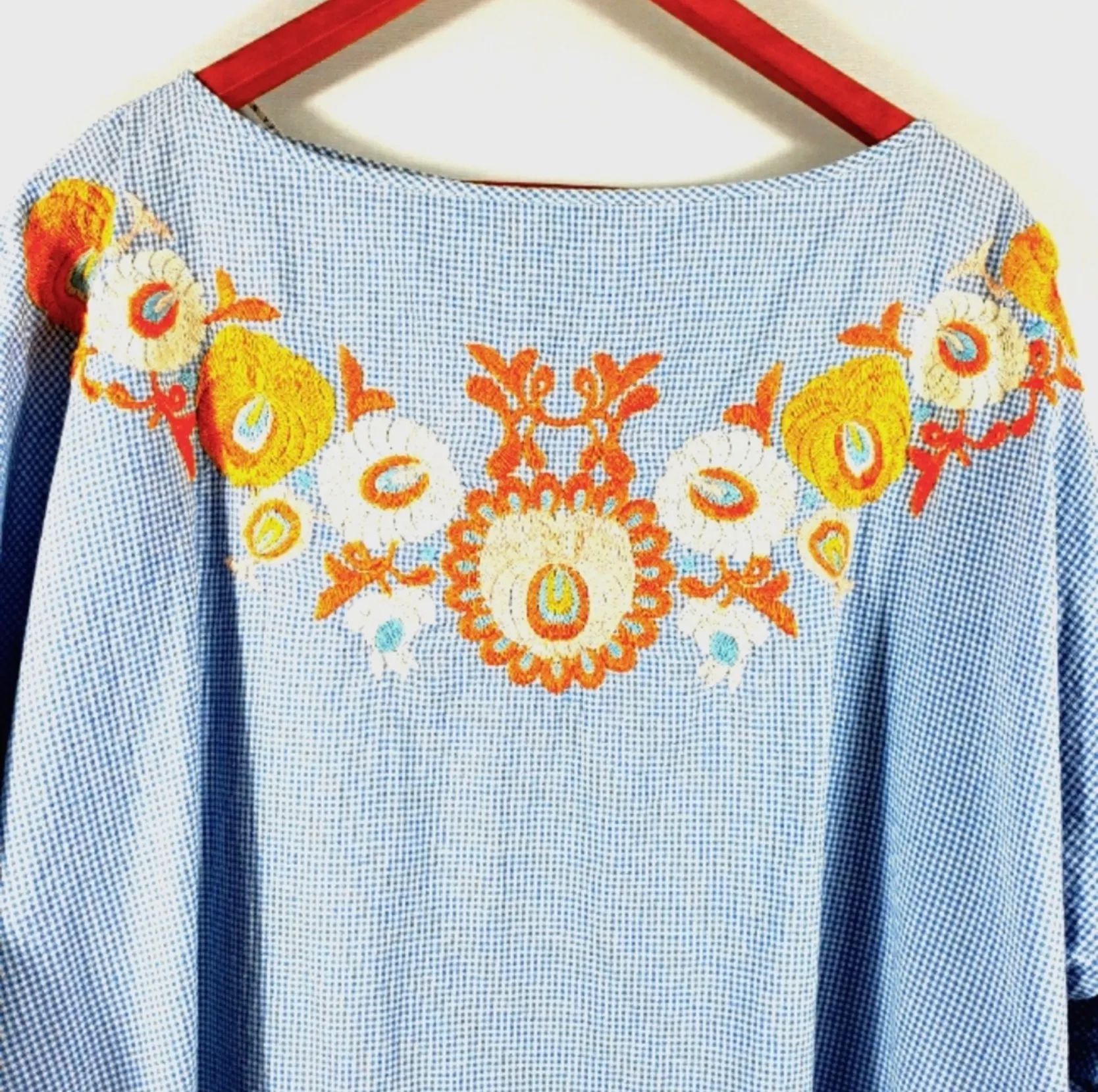 Women Gingham Blue Floral Embroidered Oversized Tunic Top M - Image 5