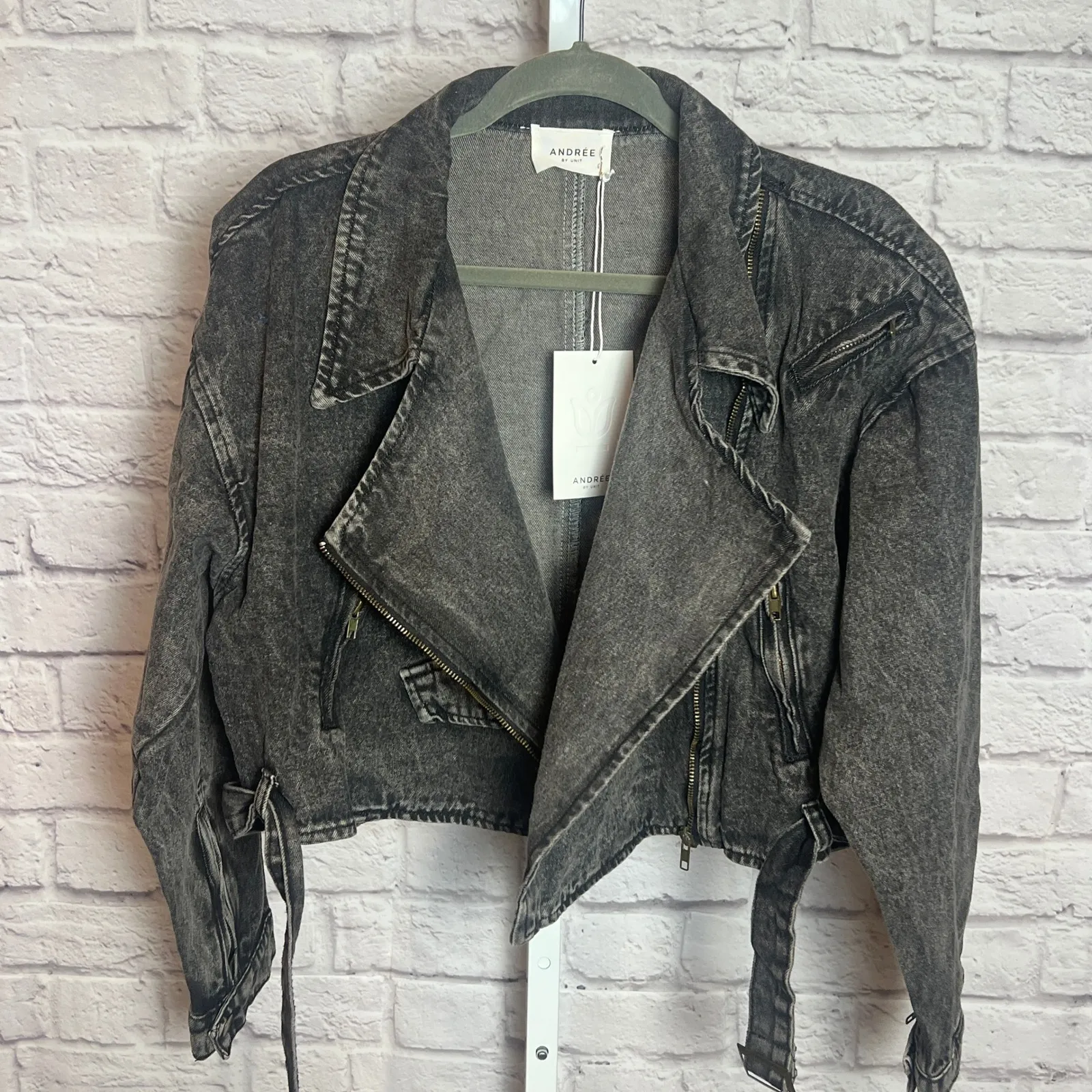 Andrée Women's Small Black Washed Denim Moto Jacket Zip Front Grungecore Biker - Image 5