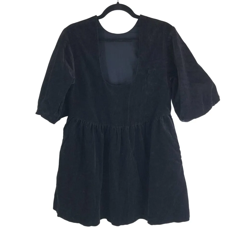 Everlane The Tiered Corduroy Dress Cotton Stretch Puff Sleeve Black Size M - Image 2
