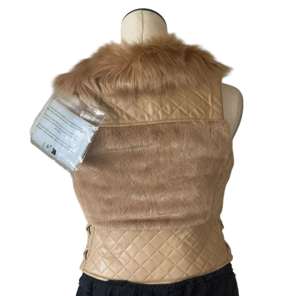 NWT Guess Women Khaki Tan Multi Emma Faux-Fur Vest XS - Image 7