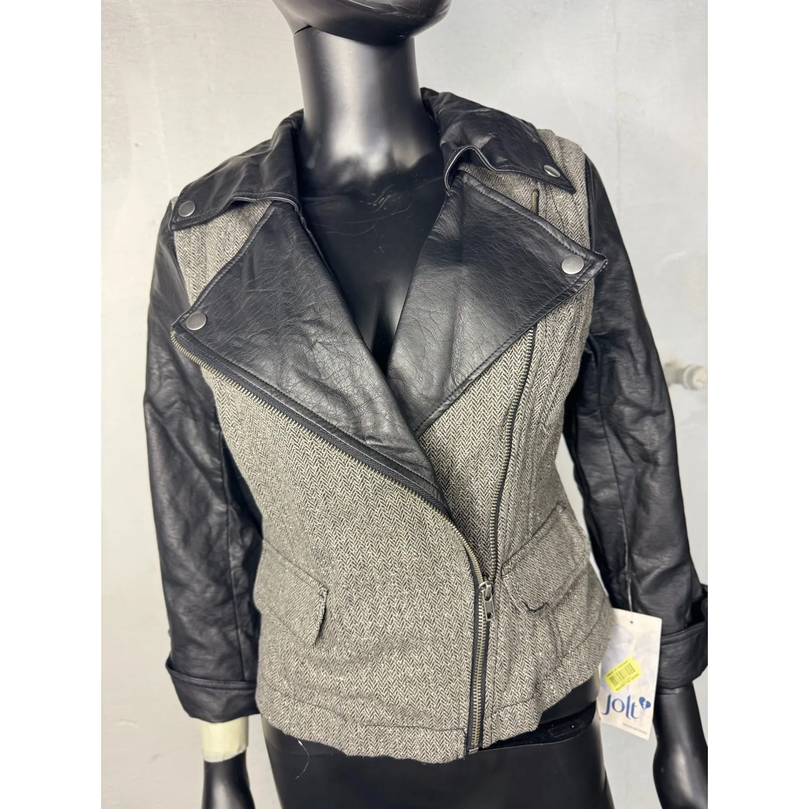Jolt Moto Jacket Small Herringbone Tweed Faux Leather Sleeves Asymmetrical Zip s - Image 2