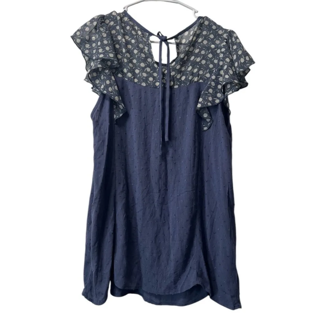 Suzanne Betro Size Large Tunic Top Shirt Blue Flutter Sleeve Knit Textured Boho - Image 2