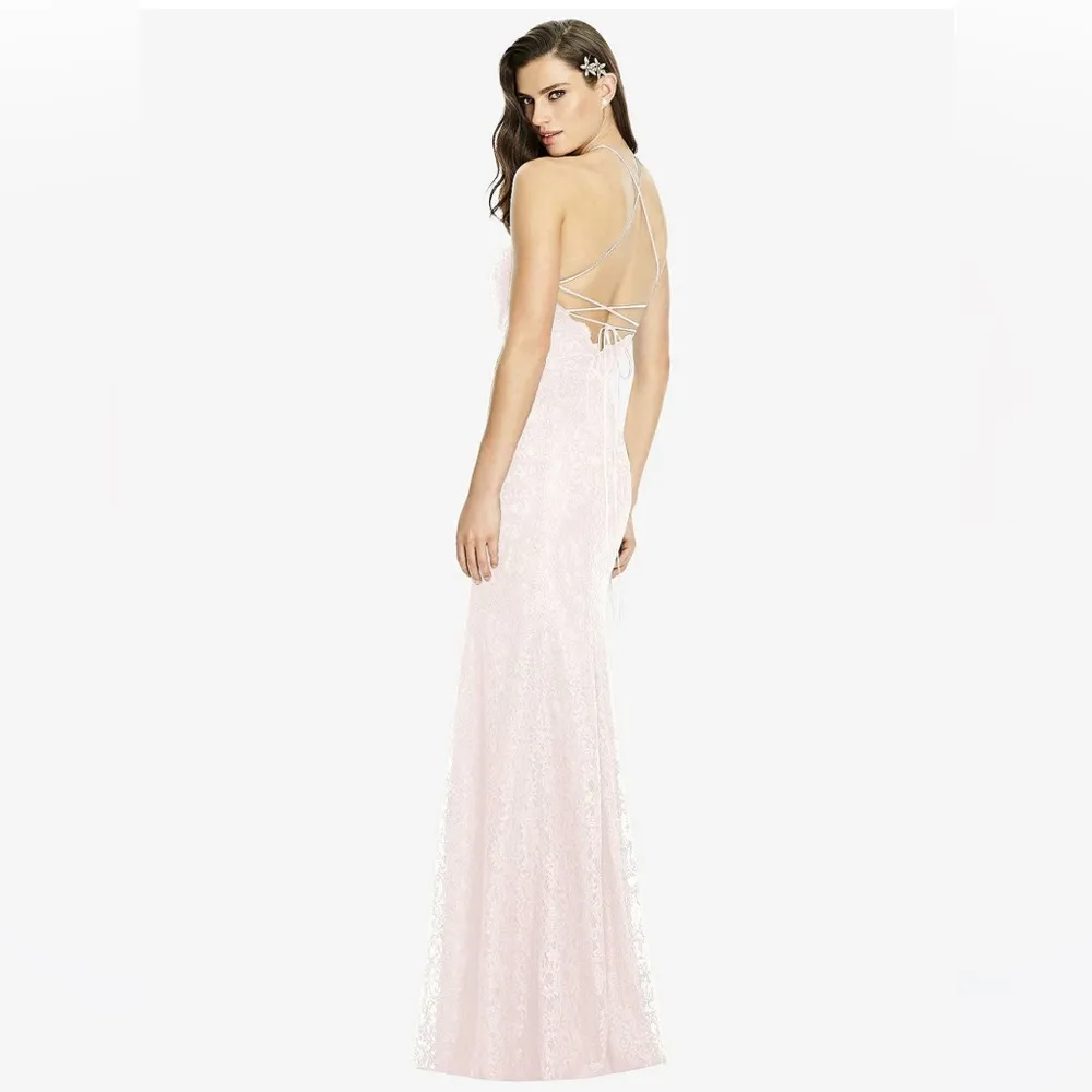 Dessy Group Halter Criss Cross Open Back Lace Trumpet Gown Blush 18 Pink - Image 2