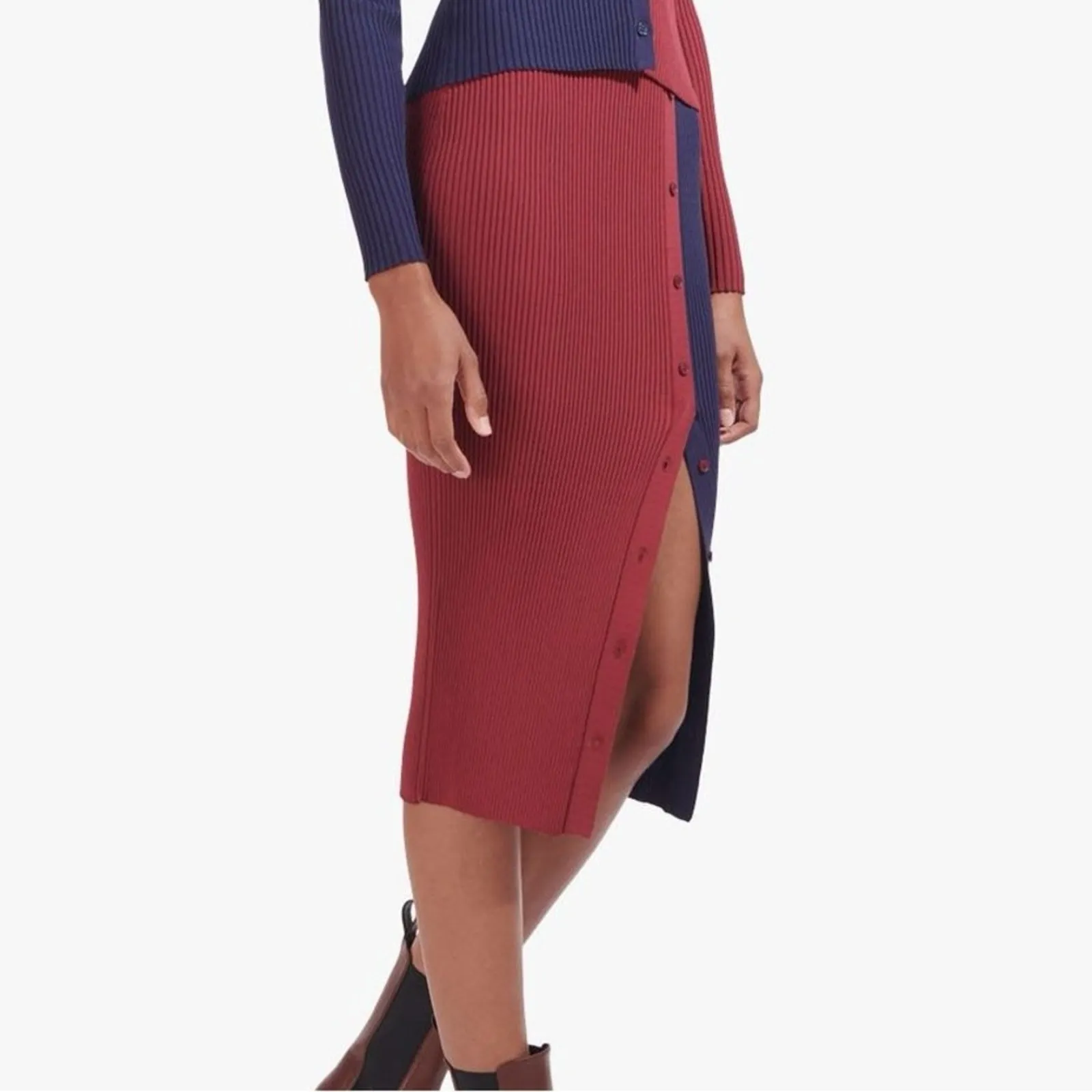 Staud Women’s Elms Color Block Two Tone Navy Bordeaux Knit Button Midi Skirt S - Image 8