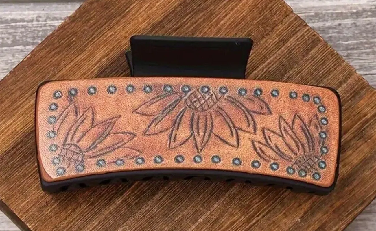 Women’s Matte Western Sunflower Pattern Design Craft Claw Clip,Faux Leather NEW Brown - Image 1