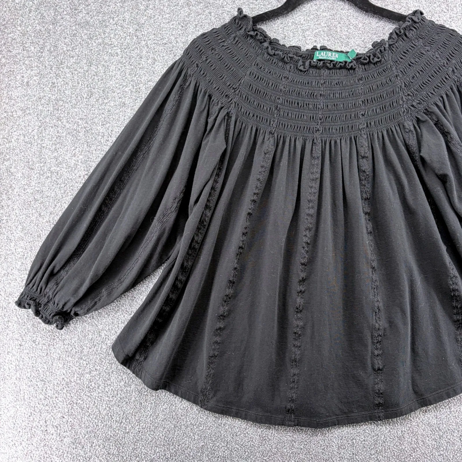 Lauren Ralph Lauren Black Smock Off Shoulder Cotton Modal Long Sleeve Top Large - Image 3