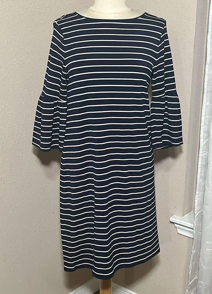 White House Black Market WHBM Navy Blue White Striped Bell Sleeve Dress Medium - Image 3