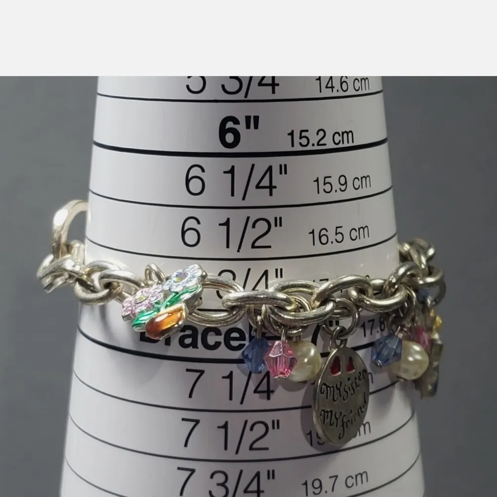 Sister Friendship Charm Bracelet Silver Tone Chains Lucite Beads Engraved Charms - Image 7