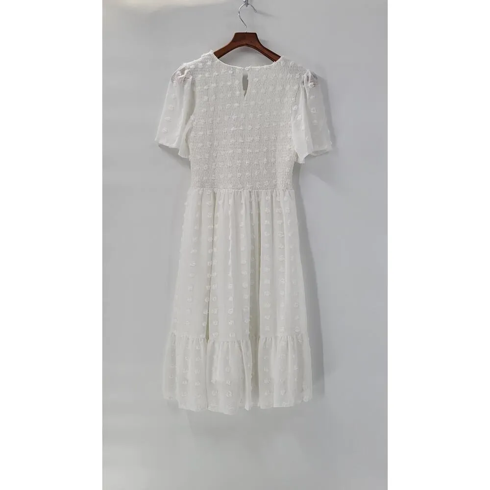 Kandra Womens Dress Medium White Smocked Flutter Sleeve Swiss Dot Flowy Midi NEW - Image 3