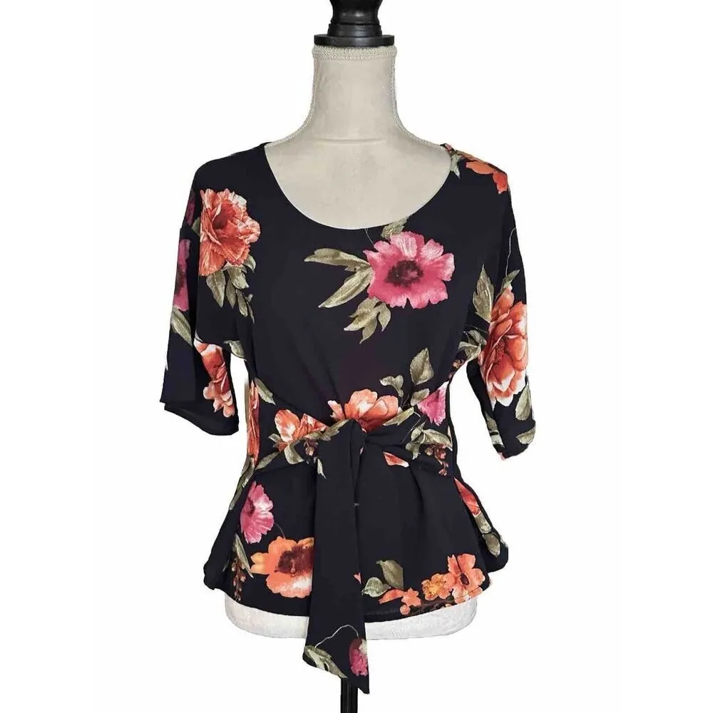 West Kei Blouse Rose Print Belted Waist Women’s Sz SP Whimsigoth Office Siren - Image 3
