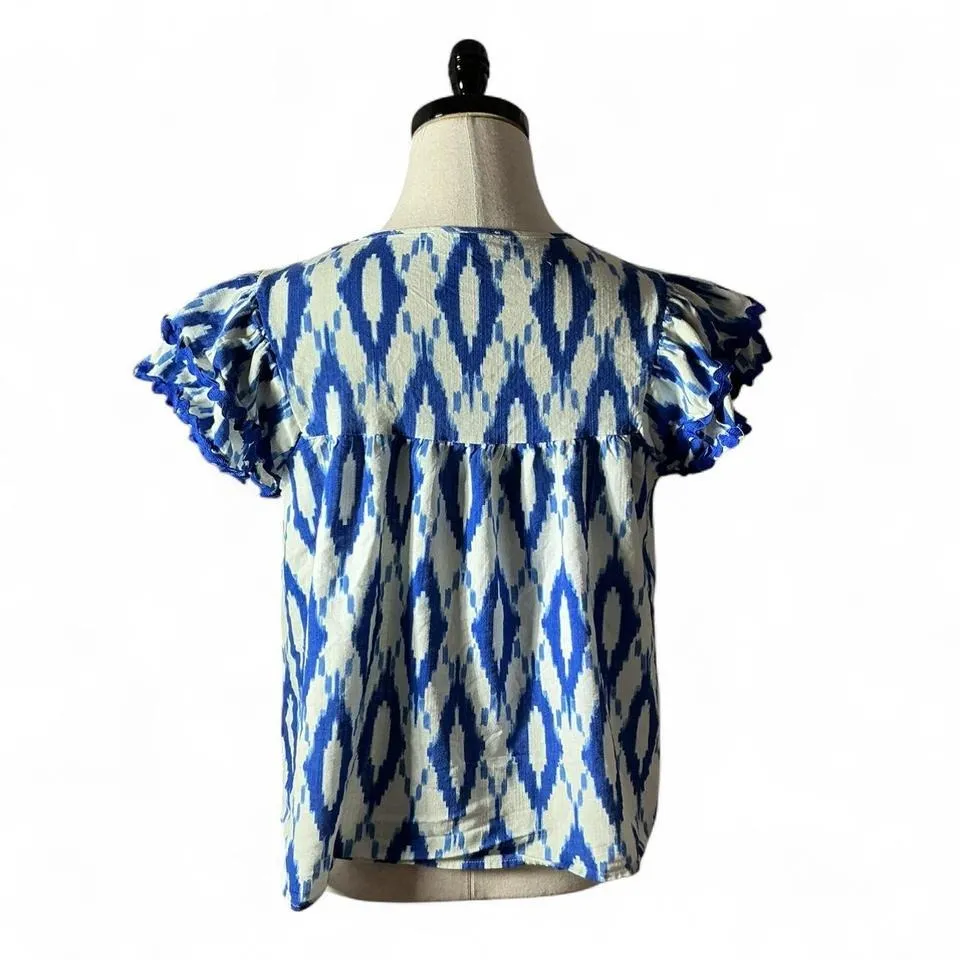Flying Tomato Blue White Ikat Print Ruffle Sleeve V Neck Tassel Top Women's L - Image 2