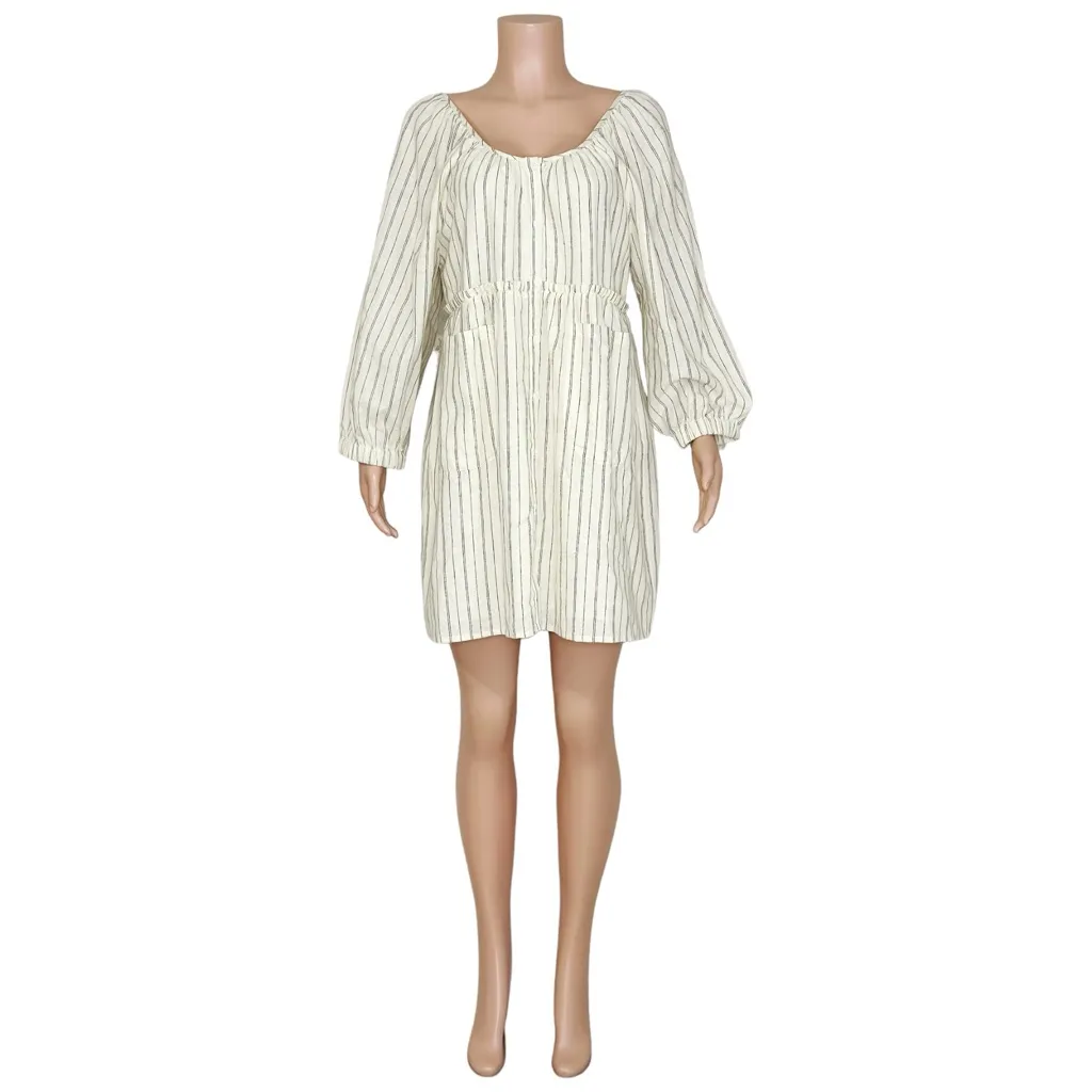 EMERSON FRY Jasmine Button Down Dress, Ivory Hemp Stripe Organic, Large Blue - Image 13