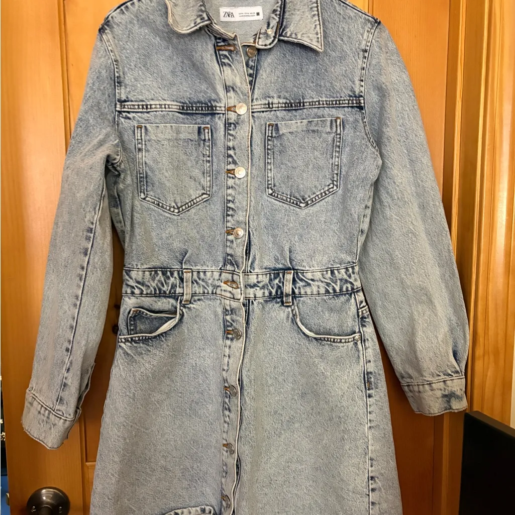 Zara Jeans Denim Long Sleeve Bruiser Stretch Frayed Mini Shirt Dress Sz M - Image 9