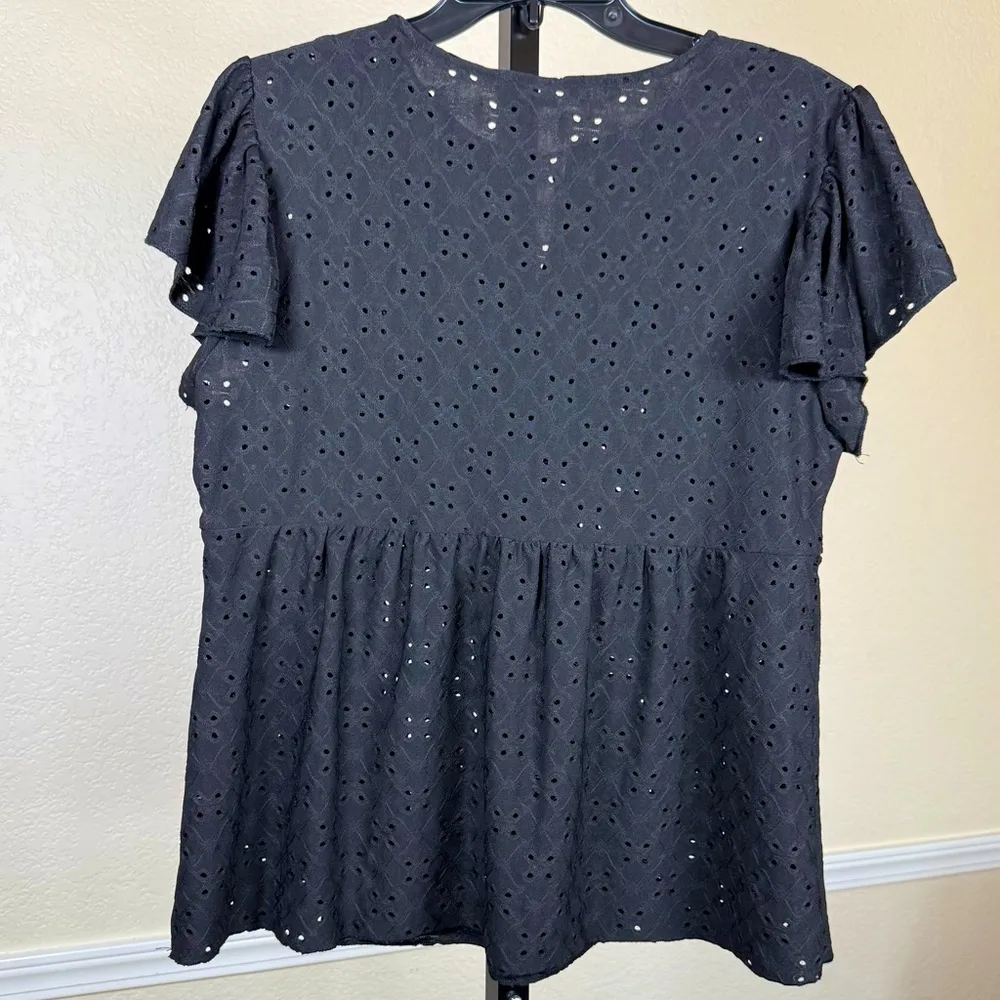 Romantic Puff Sleeve Black Top XL Eyelet Lace Feminine Cottagecore Boho Babydoll - Image 2