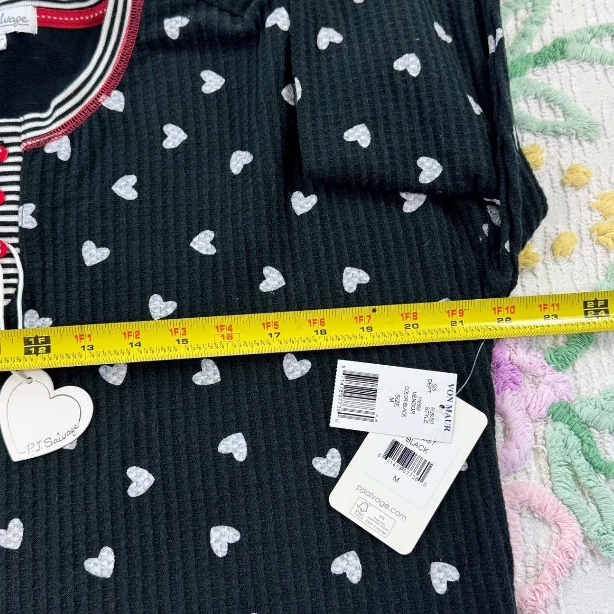 PJ Salvage Black White Heart Thermal Long Sleeve Pajama‎ Top Women's M Size M - Image 4
