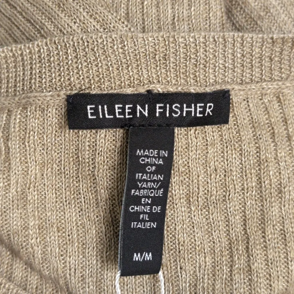 Eileen Fisher Round Neck Pullover Sweater Organic Linen Khaki Ribbed Size M New - Image 6