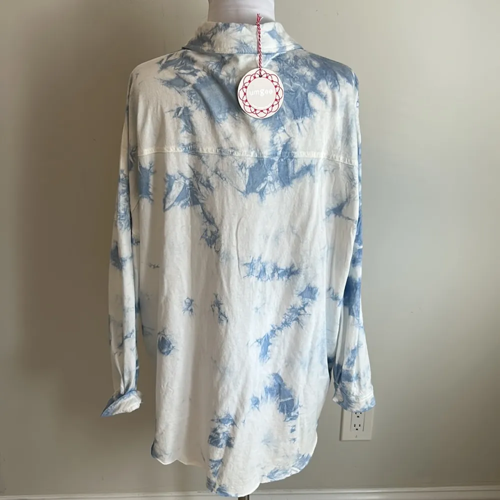 Umgee Tie Dye Boyfriend Button Down Shirt Blue White - Image 2