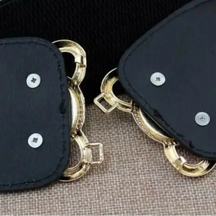 Golden Double Buckle‎ Black Waspie Belt Stretchy Elastic Accentuating Waist Band - Image 11