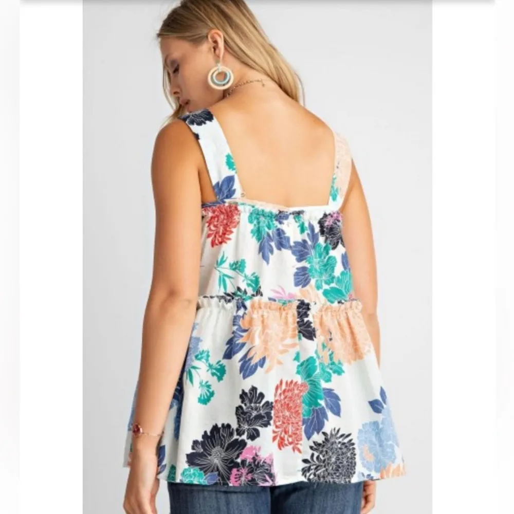 EASEL Tank Top Medium Poppy Floral Colorful Cotton Tiered Lightweight Raw Hem - Image 15
