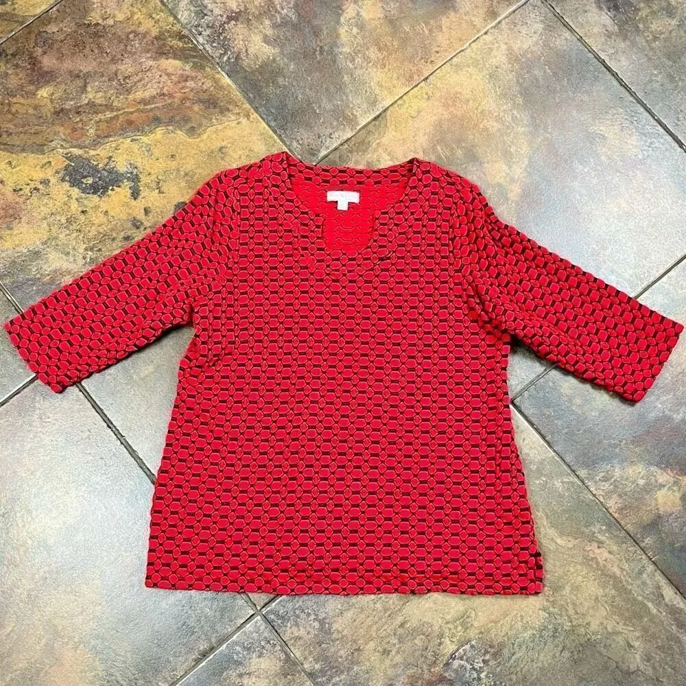 Kim Rogers 3/4 Sleeve Red Black Geometric Polka Dot Blouse 2X - Image 4