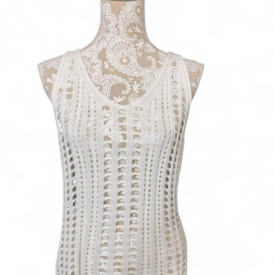 White Open Knit Crochet Sleeveless Cover Up Dress Size M Boho Cottage Core Size M - Image 2