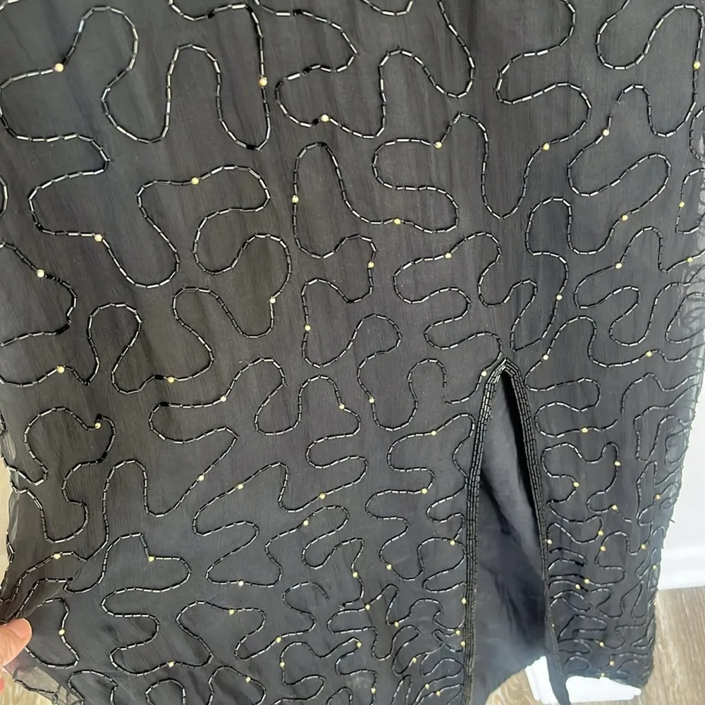 Vintage silk Laurence Kazar beaded maxi dress size XXL black lined evening gown - Image 6
