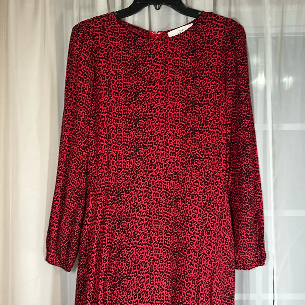 LOFT Animal Print Slit Midi Maxi Dress Long Sleeves Tango Red Holiday size 4 NEW - Image 5