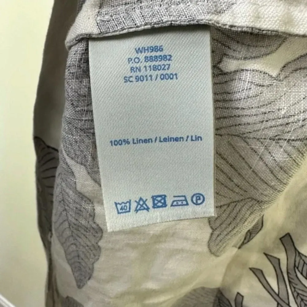 Anthropologie Boden Tunic Dress 4L Linen Leaf Print White Gray Split Neck Boho - Image 5