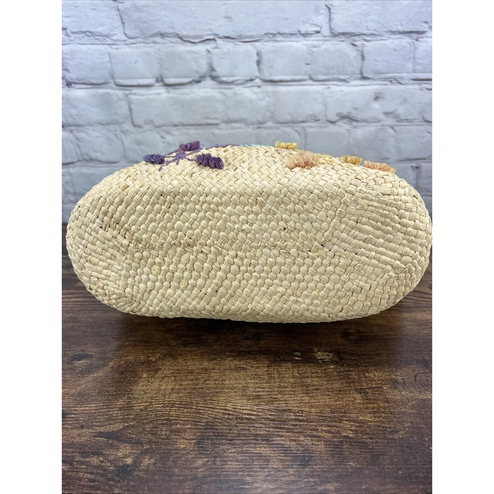 Cappelli Vintage Woven Straw Bag Purse Retro Boho Beach Turtle Wooden Handles - Image 5