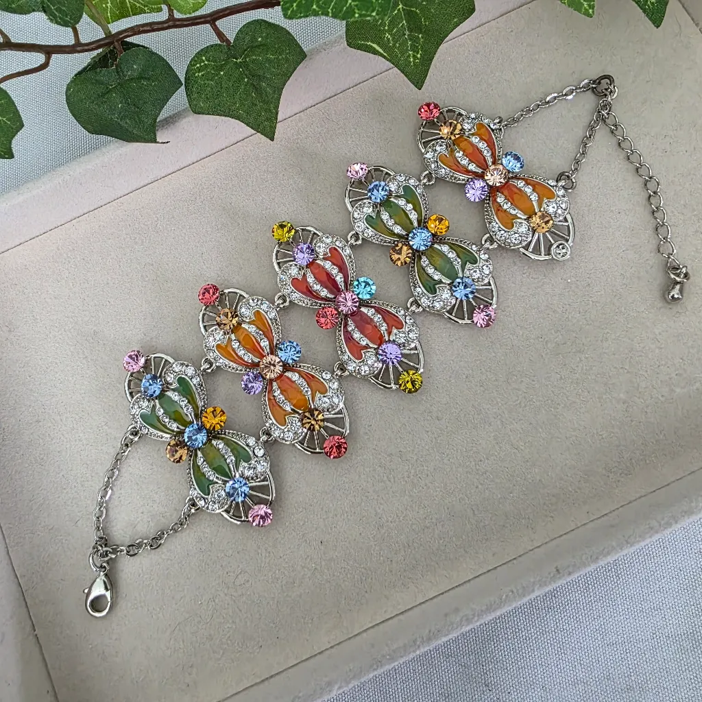 Vintage Multi Color Enamel with Rhinestones Statement Bracelet Silver - Image 2