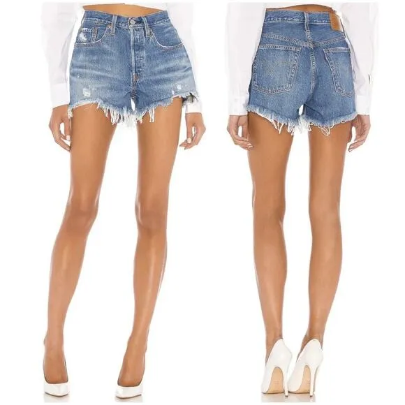 Levi's 501 Sz 29 Shorts High Rise Distressed Denim Jeans Athens Medium Wash NEW - Image 2