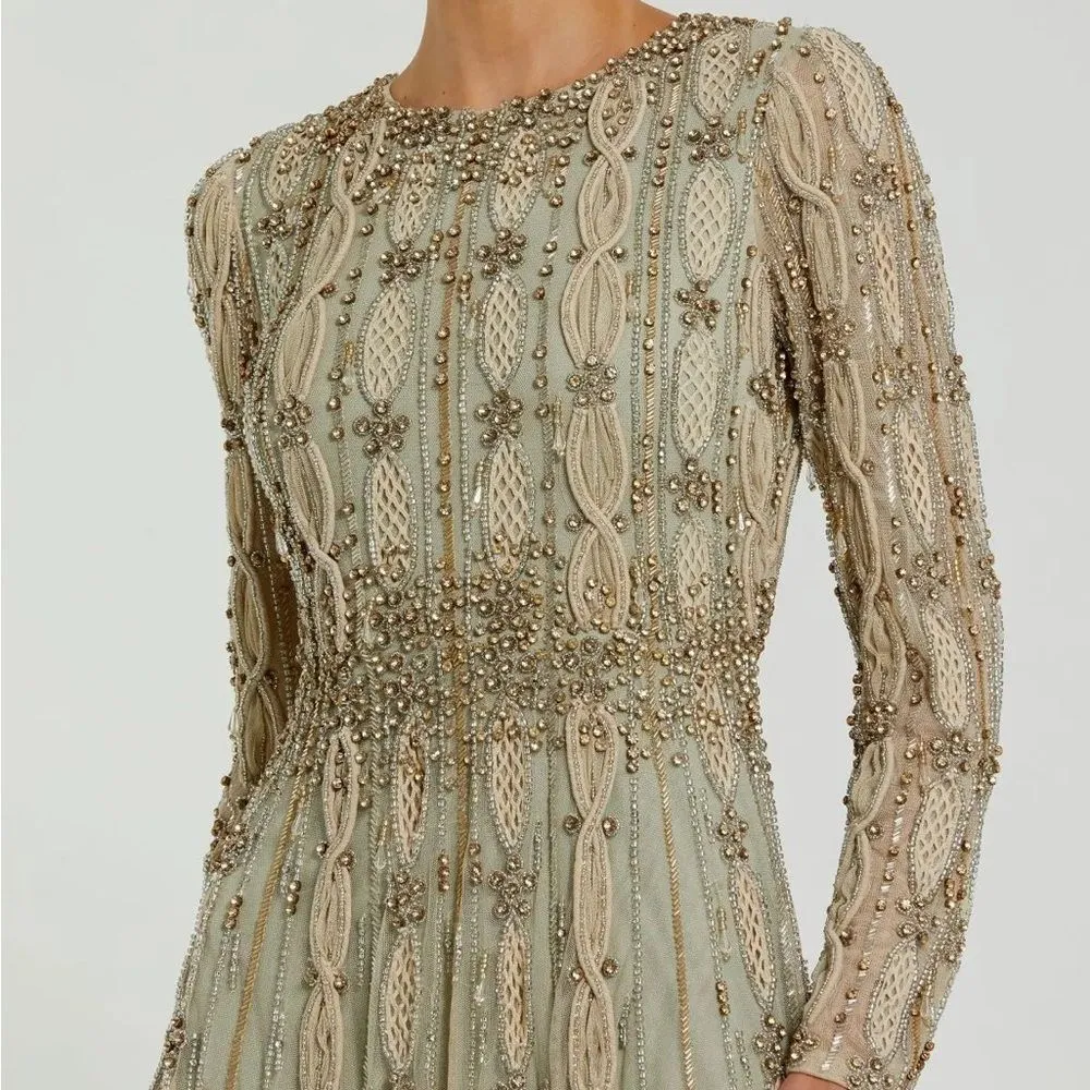 MAC DUGGAL 10077 Green Embellished Mesh Long Sleeve A Line Gown - Image 4