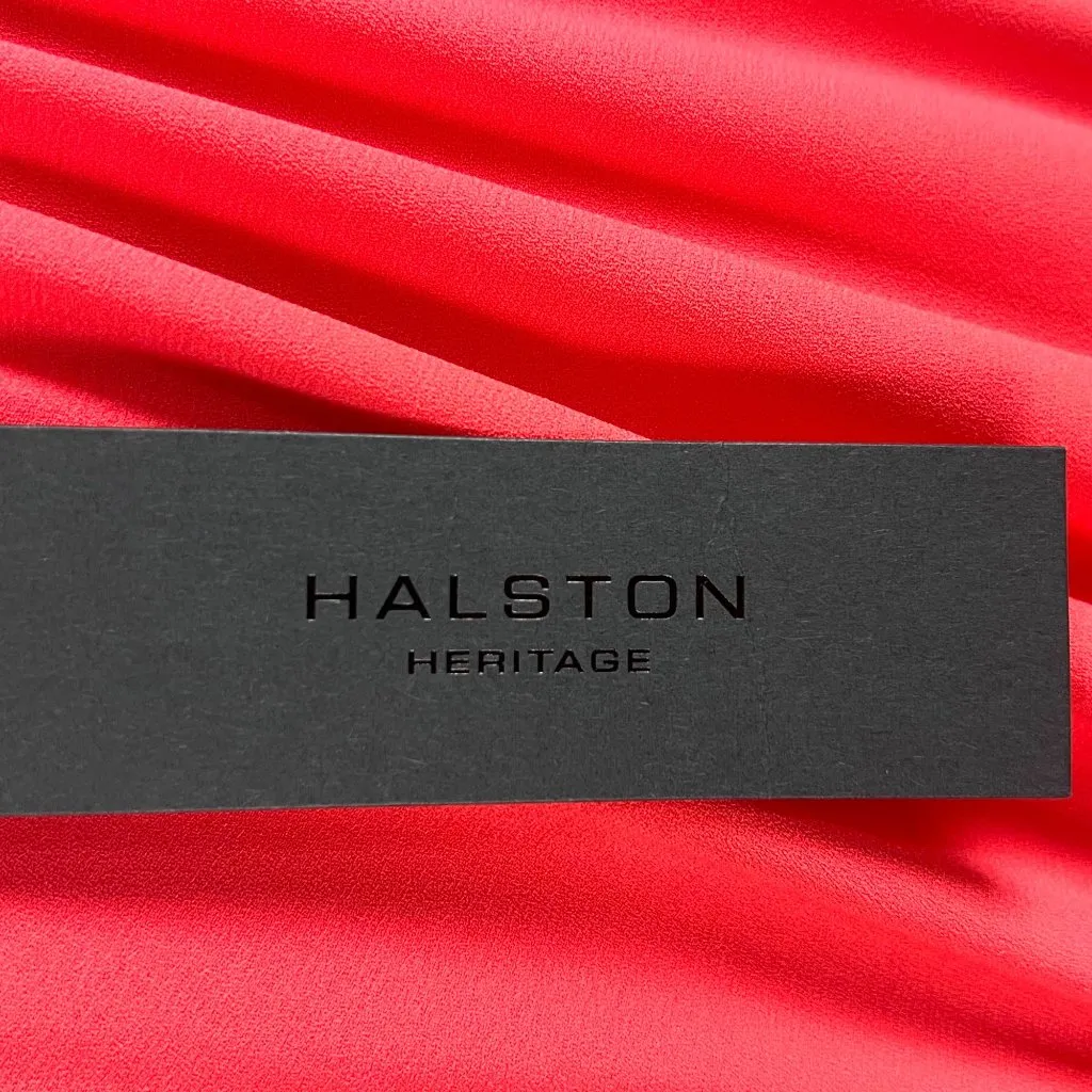 Halston Heritage Coral Crepe Halter Cocktail Dress 6 Gunmetal Gray Ring Belt New - Image 11