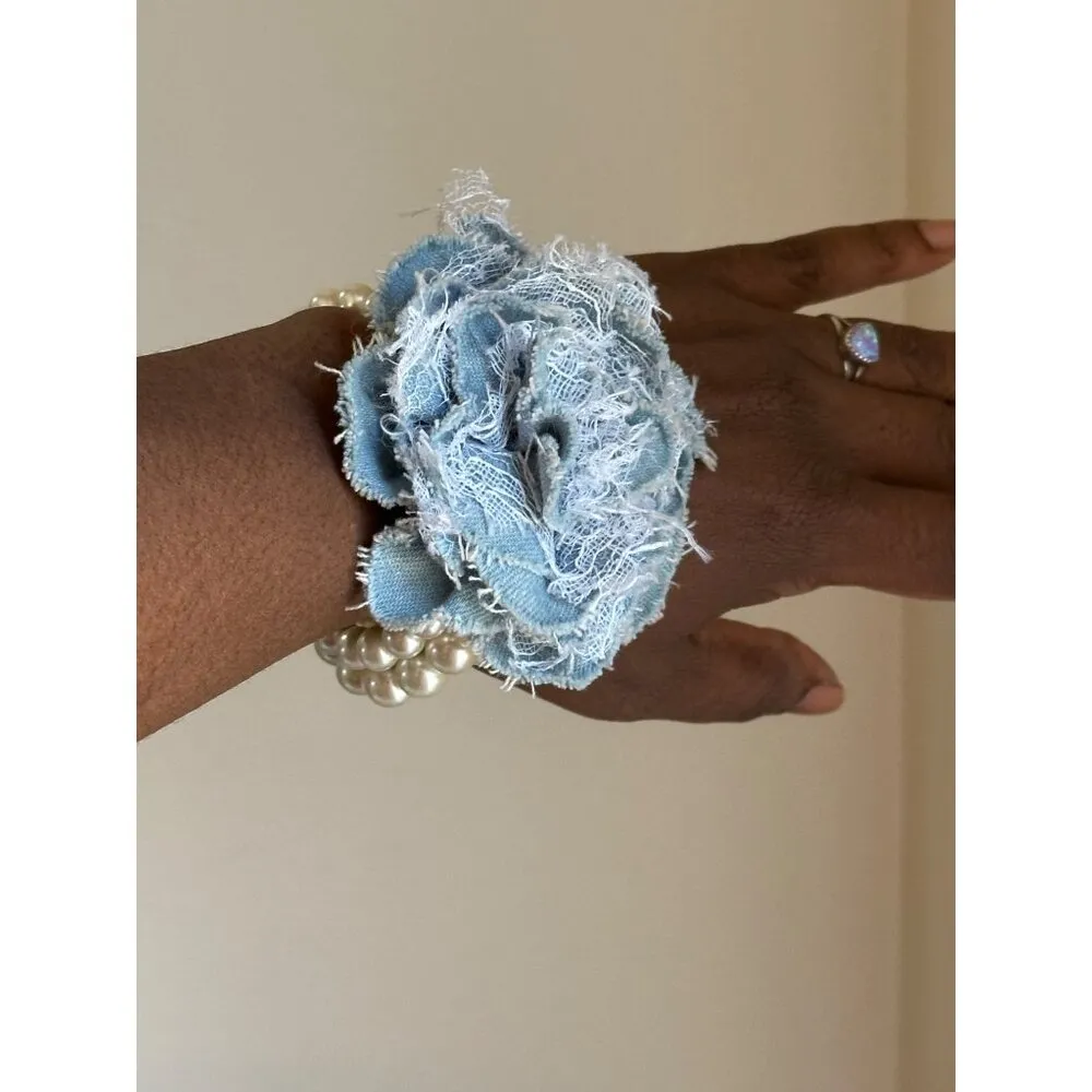 Handmade Pearl Bracelet Shabby Chic Denim & Lace Flower Corsage Wedding Bridal White - Image 2
