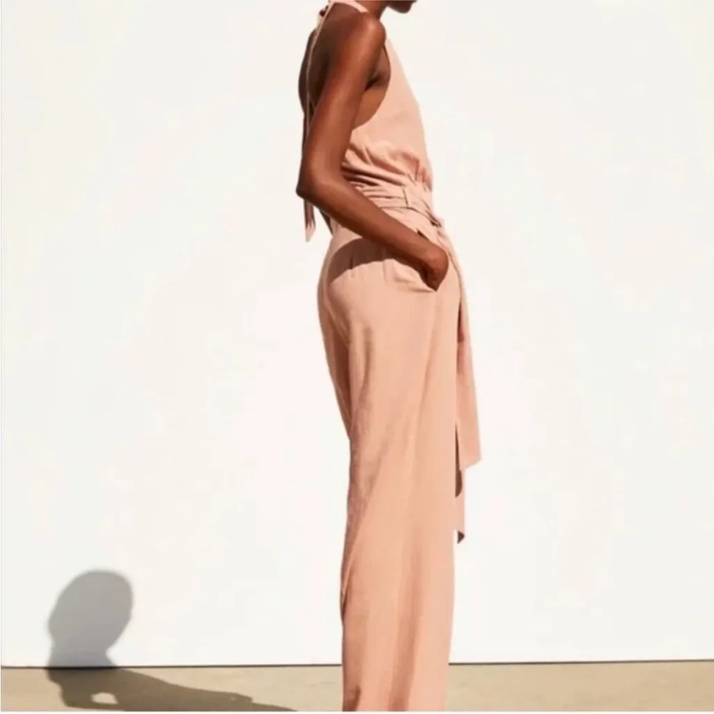 NWT Zara Mauve Viscose Linen Blend Wide Leg Sleeveless Halter Jumpsuit Pockets L - Image 4