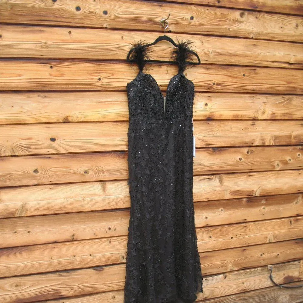 MAC DUGGAL 20889 Womens Black Sheer Applique Bustier Gown with Feather Straps - Image 7