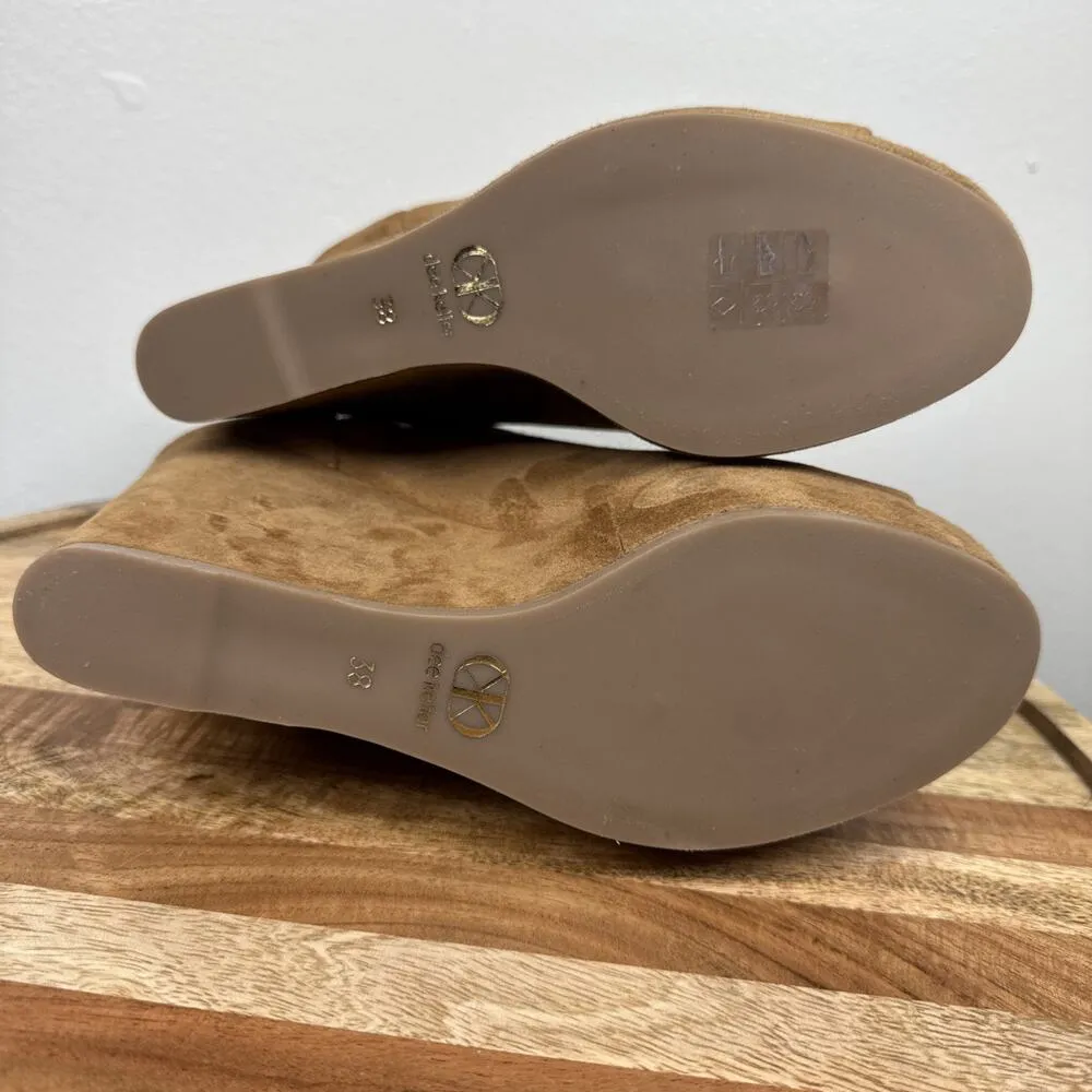 Dee Keller Suede Open Toe Pull On Platform Wedges Caramel Size 38 Italy Brown - Image 12