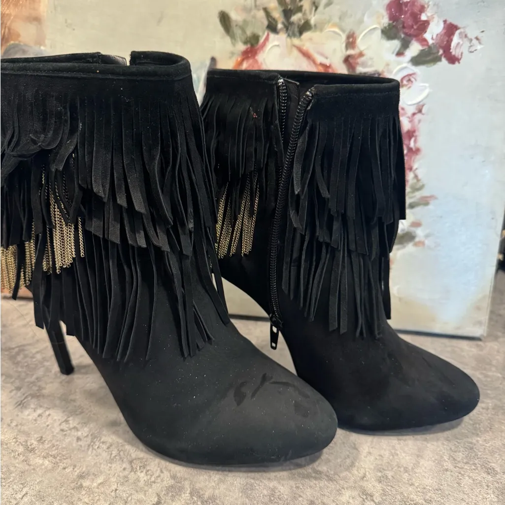 Gianni Bini Black Suede Leather Boots (Booties) W/Fringe Stiletto heels Size 8.5 - Image 6