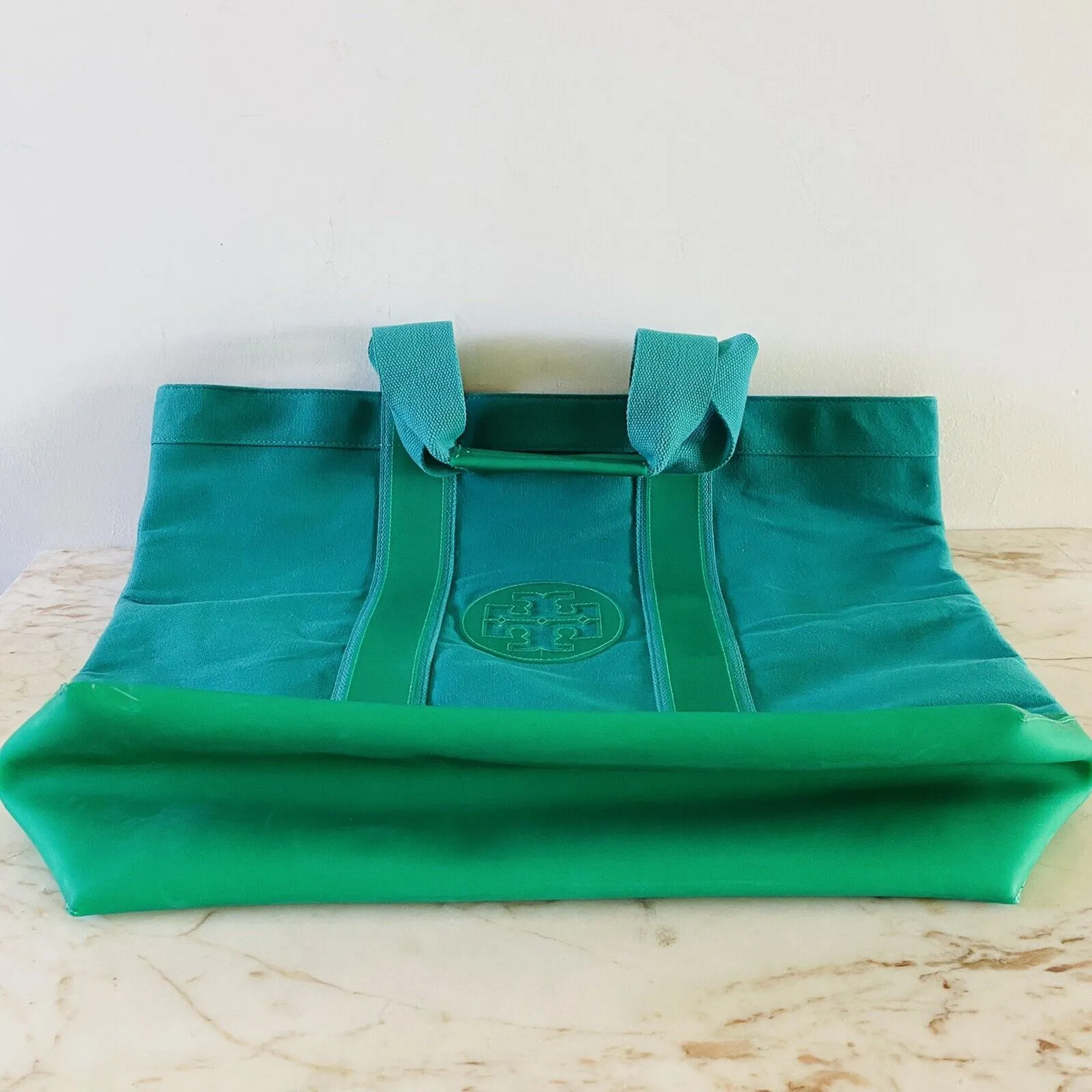 TORY BURCH Solid Green Color Block Extra Large Canvas Tote Bag - Image 7