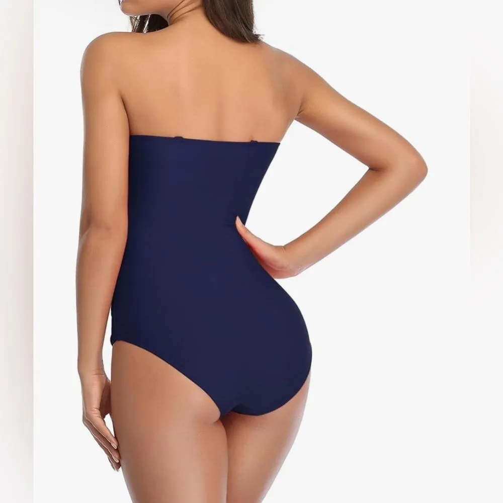 Smismivo Strapless One Piece Tummy Control Swimsuit Ruched Bandeau Navy Blue S - Image 5