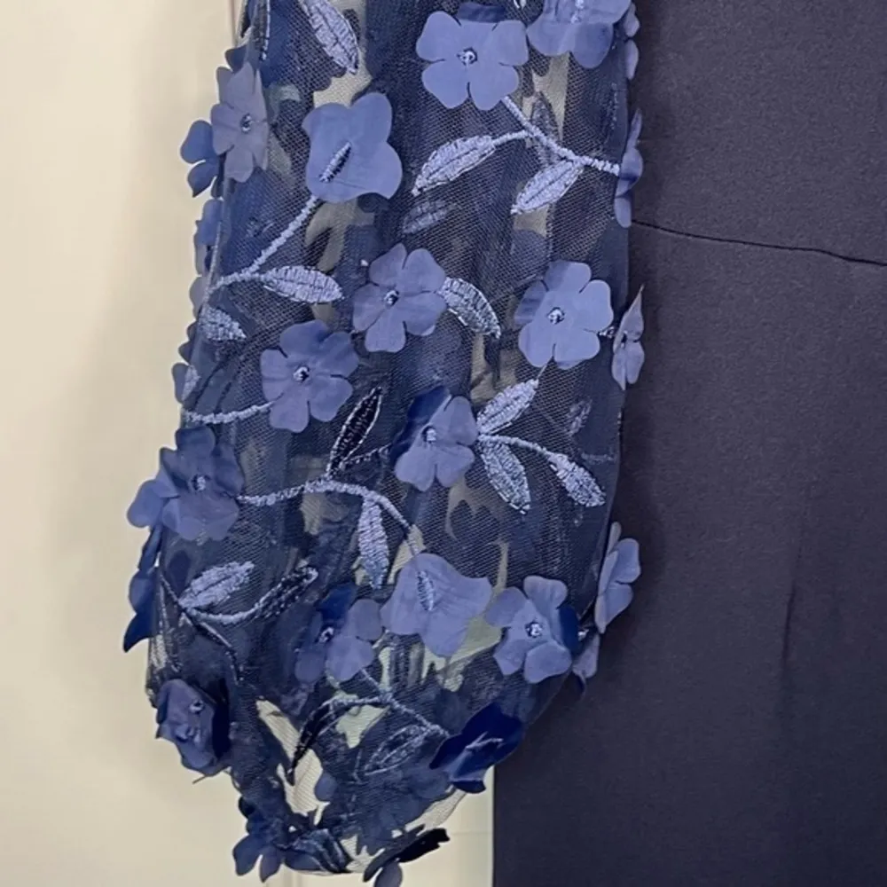 Eliza J Off the Shoulder 3D Floral Sleeve Scuba Crepe Blue Evening Dress Size 8 - Image 8