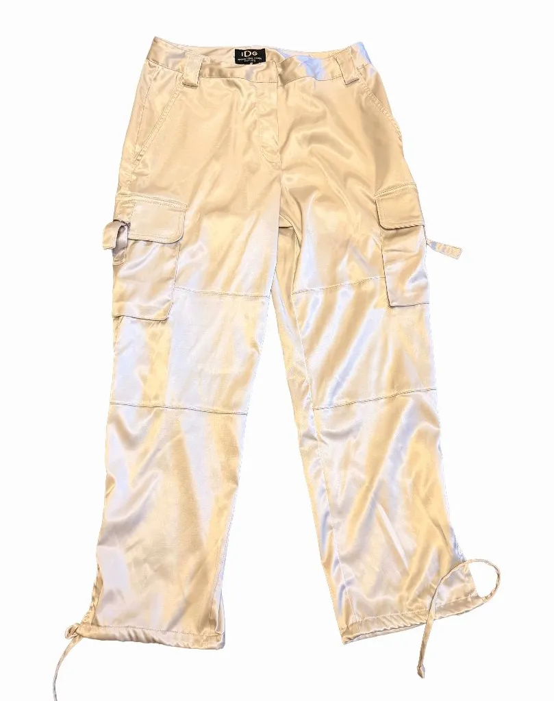 IDG Silver Metallic Cargo Pants Size 6P Y2K 2000s Gray Satin Drawstring Petite - Image 1