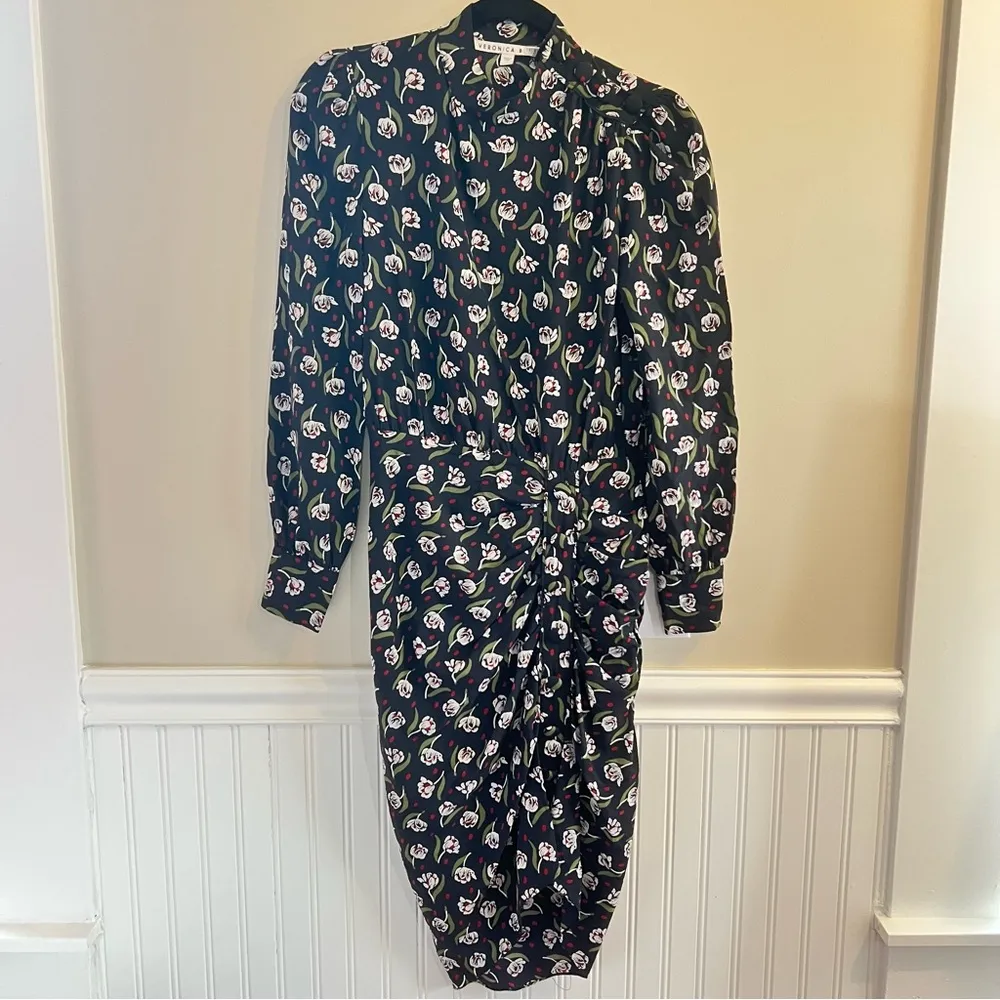 Veronica Beard Cadence Dress Size 0 Black Tulip Floral Print Draped Silk Garden - Image 2