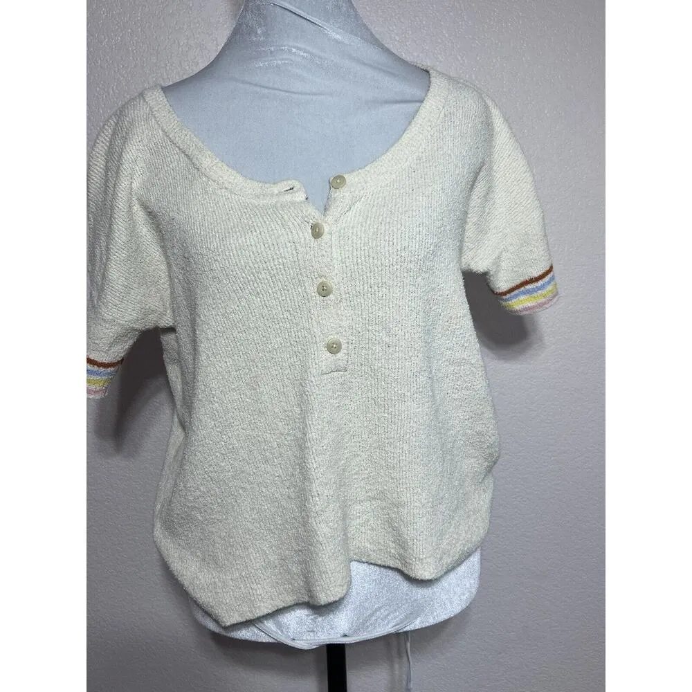 Madewell Henley Sweater Tee Womens Rainbow Stripe Cream XS Popcorn V Neck - Image 3