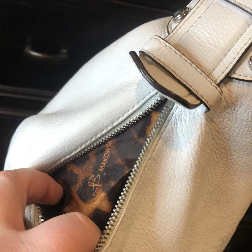 B. MAKOWSKY Ivory White Leather Hobo Bag with Ocelot Leopard Print Lining - Image 12